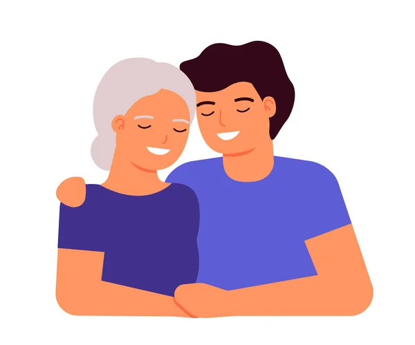 Old Senior Mother Adult Son Hugging Family Love Taking Care — Stock Vector