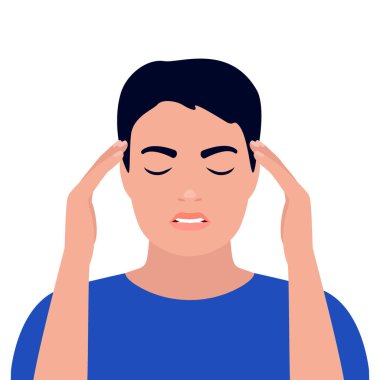 Man is in headache, dizziness, stress, pain in head and anxious thoughts. Young male hold head hands. Depression, mental disorder. Vector flat illustration clipart