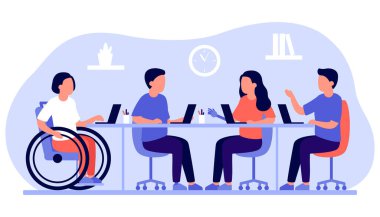 Engelli ve dahil olmak üzere çalışan insanlar ofiste birlikte çalışırlar. Tekerlekli sandalyede oturan ve dizüstü bilgisayarla iletişim kuran farklı insanlar. Engelliler çalışır. Vektör