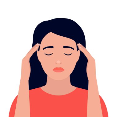 Woman is in headache, dizziness, stress, pain in head and anxious thoughts. Young girl hold head hands. Depression, mental disorder. Vector illustration clipart