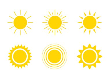 Yellow sun icon set, sunshine and solar glow. Decorative circle sun and sunlight. Hot solar energy for tan. Vector sign