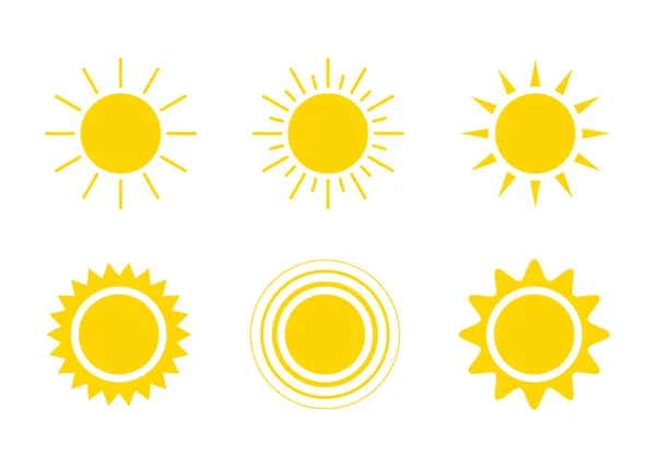 Yellow sun icon set, sunshine and solar glow. Decorative circle sun and sunlight. Hot solar energy for tan. Vector sign — Image vectorielle