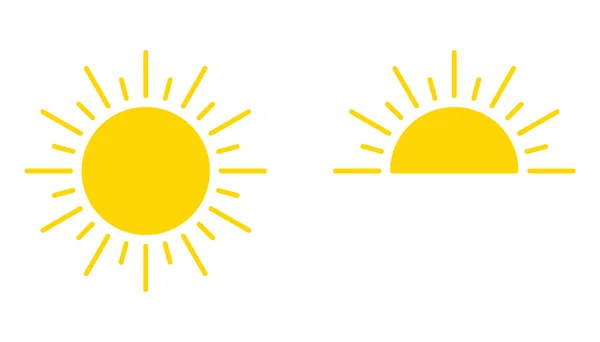 Yellow sun icon, sunshine full and sunrise or sunset. Decorative circle sun and sunlight. Hot solar energy for tan. Vector sign — Stok Vektör