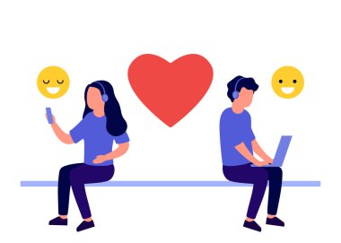 Online flört, aşk çifti iletişim mesafesi. İnternette mesajlaşırken çift ilişkisi. Romantik partnerlerle buluşma ve tanışma için mobil başvuru. Vektör düz resimleme