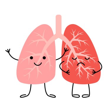 Ciğerleri sağlıklı ve üzgün, hastalıklı karakterler. Solunum sistemi. Zatürree, astım, akciğer kanseri olan bir hasta. Hastalığa neden olan virüsler ve bakteriler. Vektör çizgi film illüstrasyonu