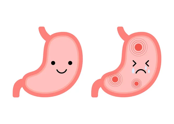 胃器官快乐 生病的性格 检查胃的健康状况 不健康的胃 消化不良和溃疡问题 疾病的概念 矢量说明 — 图库矢量图片