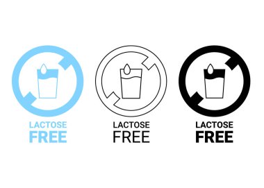 Laktozsuz ikon. Camda laktoz ve yuvarlak işareti. Laktoz ilave ürün paketi yok. Sağlıklı gıda ürünleri için tasarım. Mavi, özet ve siyah inek sütü sembolü. Vektör etiketi