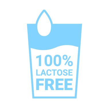 Laktozsuz 100 ikon. Süt bardakta, damla işareti var. Laktoz ilave ürün paketi yok. Sağlıklı gıda ürünleri için tasarım. Mavi inek sütü sembolü. Vektör etiketi