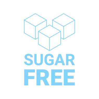 Şekersiz ikon. Şeker küpü rafine işareti. Şeker eklenmemiş ürün paketi tasarımı. Mavi ana hatlı şekersiz gıda sembolü. Vektör etiketi