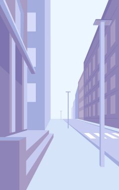 Binaları olan boş şehir manzaralı büyük şehir caddesi. Gökdelenler metropol, mimari açık hava panoramik manzarası. Dış taraftaki apartmanlar. Vektör illüstrasyonu