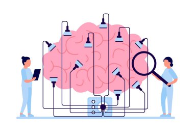 Beyin ensefalografisi, kafa elektrotları ve doktoru olan hasta. Tıbbi EEG elektroansefalografi testi. Beyin sağlığının teşhisi. Nöroloji kavramı. Vektör