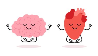Happy healthy brain mind and heart character meditation yoga relax. Health brain mental organ and heart sit in lotus, keep calm. Vector illustration clipart