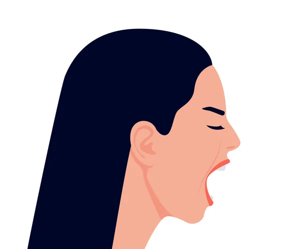 Menjerit Dan Marah Wanita Dengan Mulut Terbuka Stres Profil Kepala - Stok Vektor
