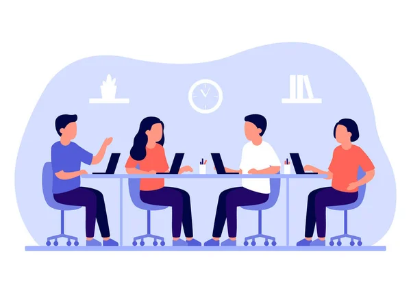 Grup Çalışanları Ofiste Birlikte Çalışırlar Nsanlar Ortak Masada Oturup Dizüstü — Stok Vektör