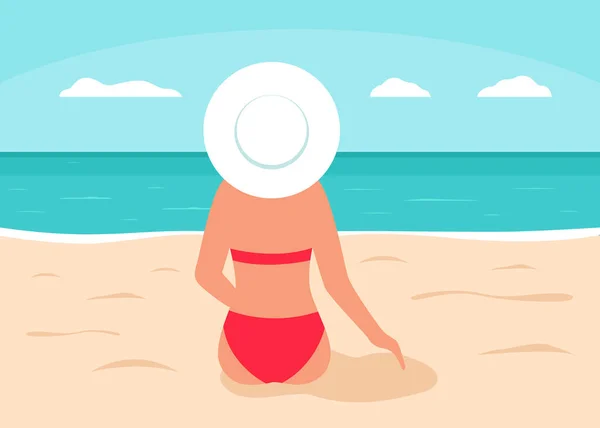 Mulher de fato de banho vermelho senta-se na praia e olha para o mar, vista para trás. Silhueta de menina em biquíni. Férias de verão e conceito de praia. Ilustração vetorial — Vetor de Stock