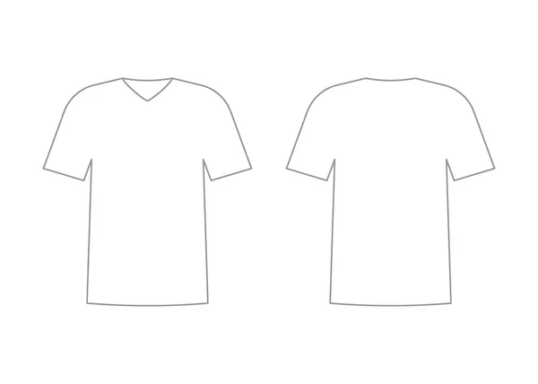 Plantilla de contorno de camiseta blanca para hombre con manga corta y cuello en v. Camisa maqueta en vista frontal y trasera. Ilustración vectorial — Vector de stock