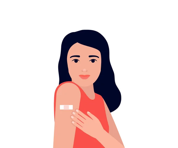 Young woman after vaccination show arm with patch. Protection hand with bandage after receiving inoculation. Concept vaccine coronavirus. Vector illustration — Stock Vector