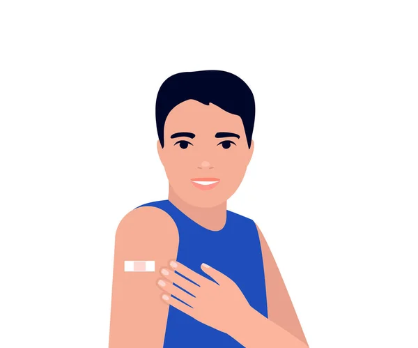 Homem jovem após a vacinação mostra braço com adesivo. Mão de proteção com bandagem após receber inoculação. Concept vaccine coronavirus. Ilustração vetorial — Vetor de Stock