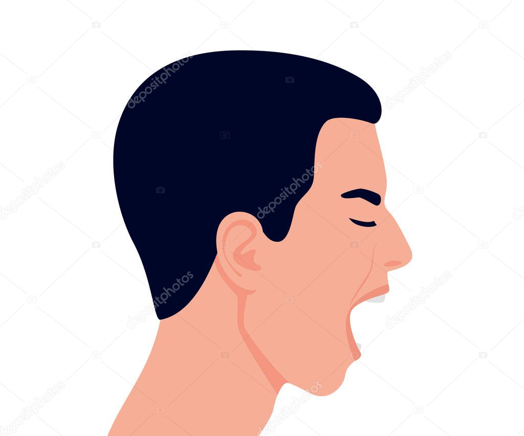 Scream and rage angry man with open mouth in stress, head profile. Male in stress, aggression and irritation, rude and mad. Angry man in conflict. Vector flat illustration