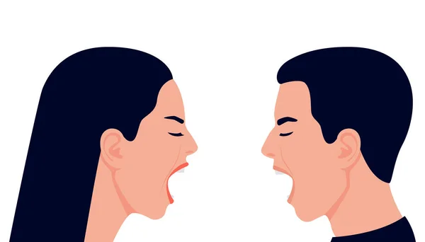 Conflict with scream, quarrel family couple man and woman. Face profile with shout, crisis on relationship. Bullying, confrontation, domestic abuse, angry and aggression concept. Vector illustration — Stock Vector