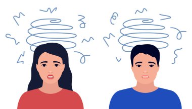 Dizziness, stress, sad and anxious thoughts of man and woman. Boy and girl is surrounded by stream of thoughts, chaos in head, vertigo. Mental disorder and anxiety, depression, tired. Vector flat clipart