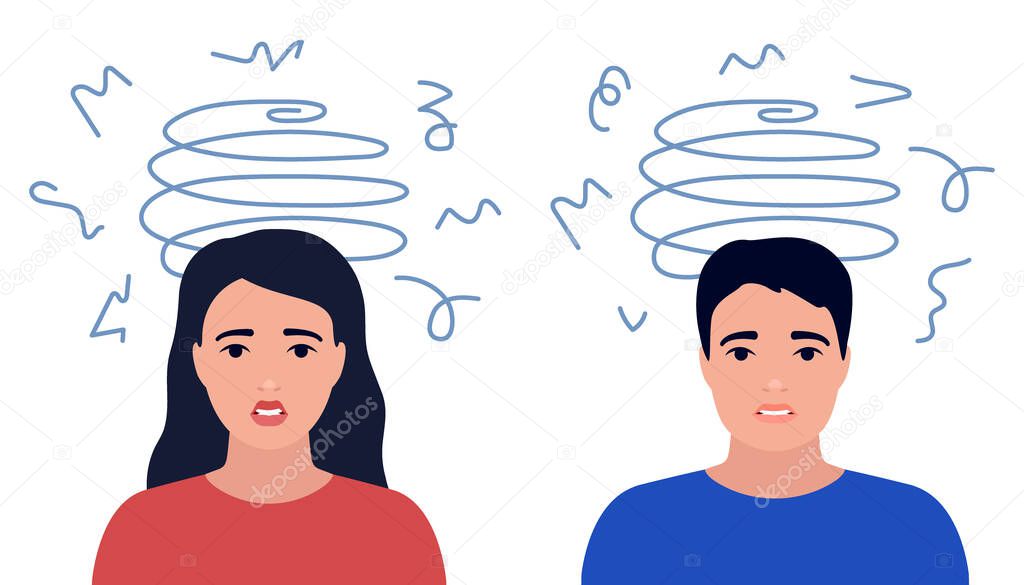 Dizziness, stress, sad and anxious thoughts of man and woman. Boy and girl is surrounded by stream of thoughts, chaos in head, vertigo. Mental disorder and anxiety, depression, tired. Vector flat