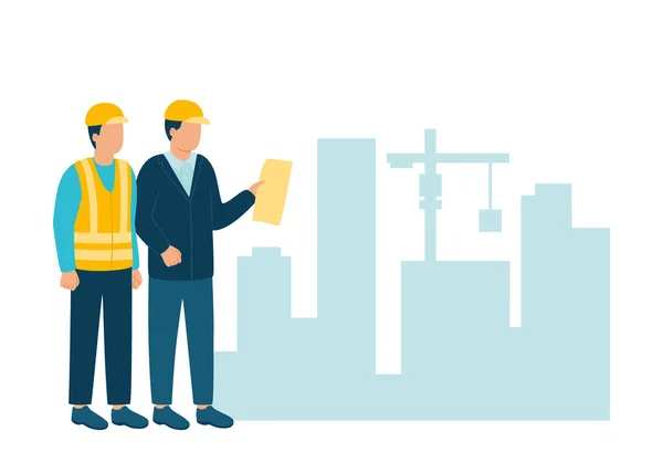 Contratista trabajador, constructor comunicarse con arquitecto de la industria de la construcción en el casco discutir nuevo proyecto. Trabajadores de la construcción e ingenieros de arquitectura de trabajo y bienes raíces. Contacto en el edificio. Vector — Vector de stock