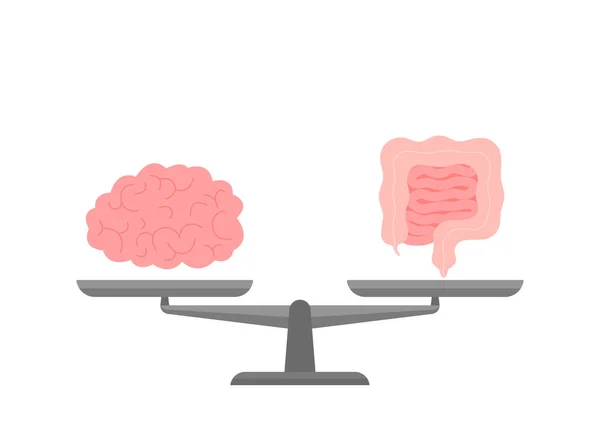 Conexão e igualdade saúde do cérebro e intestino em escala. Relação saúde do cérebro humano e intestino, segundo cérebro. Unidade em libra de mental e digestivo. Ilustração de desenho animado plano vetorial —  Vetores de Stock