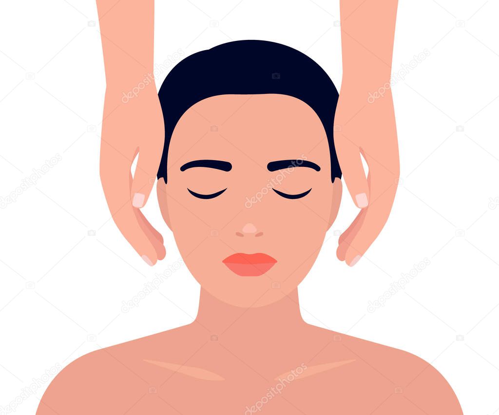 Woman having reiki healing alternative treatment. Recovery holistic human energy. Alternative medicine with help hands. Vector illustration