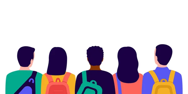 Studenten met tassen op school, achteraanzicht. Bijeenkomst van jonge mannen en vrouwen voor het onderwijs. Vectorillustratie — Stockvector