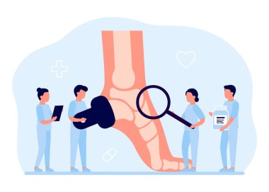Sağlık hizmeti, ortopedi doktoru insan ayağı ve kemikler. Ortopedist tıbbi teşhisler ve muayene ayakları yapıyor. Ayak deformasyonu, ayak patolojisi, düz ayak. Eklem ağrısı. Vektör