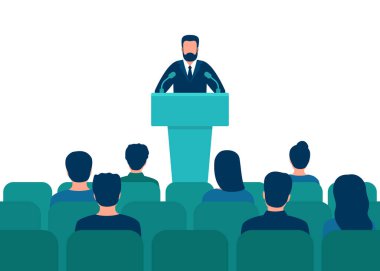 Kürsüde takım elbiseli adam konferans salonunda seyirciyle konuşuyor. Tribünlerin sözcüsü, iş adamı, öğretmen, izleyiciler önünde konuşuyor. İnsanlar geçmişe bakıyorlar. Vektör
