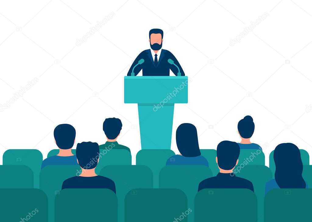 Lector man in suit speech behind podium on conference with audience in hall. Speaker on tribune by leader, businessman, teacher talking before of people spectators. People audience back view. Vector