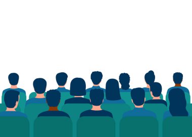 Salonda seyircilerle konferans. Seyirci. İnsanlar geçmişe bakıyorlar. Konferans öğrencileri, seminer eğitimi. Vektör