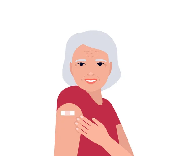 Femme Âgée Après Vaccination Montrer Main Avec Patch Protection Main — Image vectorielle