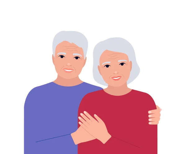 老年夫妇男女拥抱在一起 灰蒙蒙的 布满皱纹的人 家庭年事已高 夫妻幸福 — 图库矢量图片