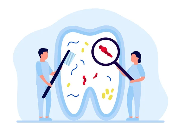 Diente Limpia Bacterias Sarro Blanqueamiento Tratamiento Chequeo Por Dentista Reparación — Vector de stock