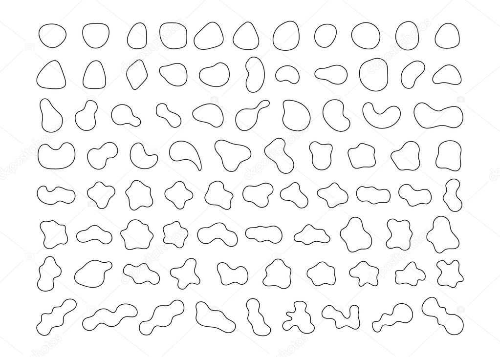 Organic abstract random blob shapes in minimal black line design. Fluid irregular forms elements outline. Liquid blotch silhouettes, amorphous frame water, creative bubble. Vector