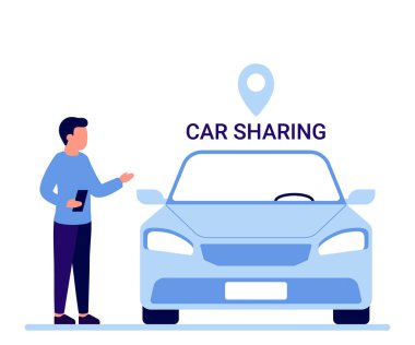Araba paylaşım servisi, kira, kiralık araba. Akıllı telefonu olan bir adam arabanın yanında duruyor. Paylaşımcı sürüş için mobil uygulama. Vektör
