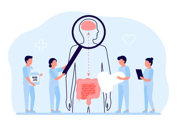 Conexión de salud cerebro humano e intestino. Órganos de relación de chequeo médico, intestino segundo cerebro. Regulación de la unidad, interacción de la persona del sistema mental y digestivo, equilibrio emocional. Vector — Vector de stock