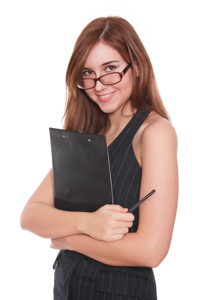 Деловая женщина в очках с черной папкой — стоковое фото
