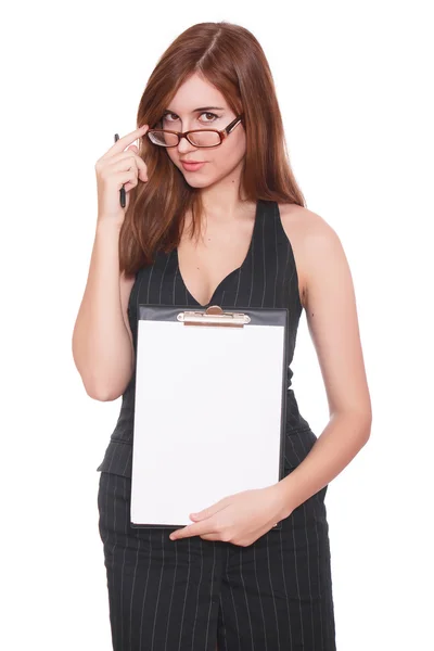 Mulher de negócios em óculos com pasta preta — Fotografia de Stock