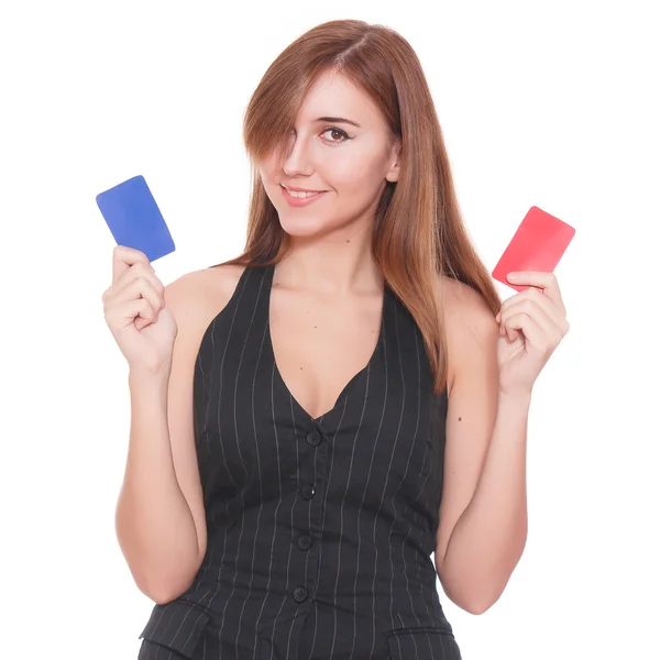 Giovane donna d'affari sorridente in possesso di carta di credito — Foto Stock