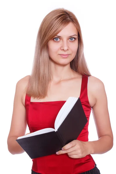 Kırmızı korse kız ellerini kitap ile — Stok fotoğraf