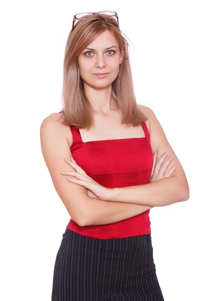 Jovem menina loira atraente em espartilho vermelho — Fotografia de Stock