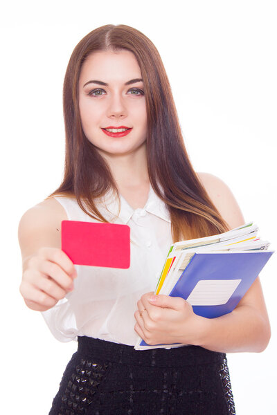 female holding empty credit card