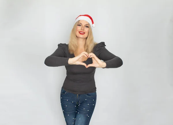 Woman Santa Hat Posing Isolated White Background Caucasian Girl Happy — Stock Photo, Image