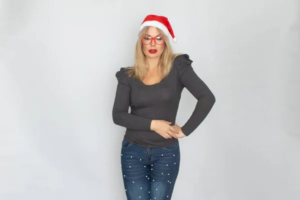 Woman Santa Hat Red Glasses Posing Isolated White Background Caucasian — Stock Photo, Image