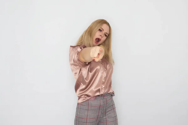 Smiling Blonde Business Woman Pink Blouse White Background — Stock Photo, Image