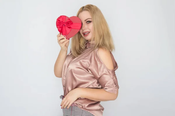 Valentines Day Dreaming Woman Pink Blouse Holding Red Gift Box — Stock Photo, Image